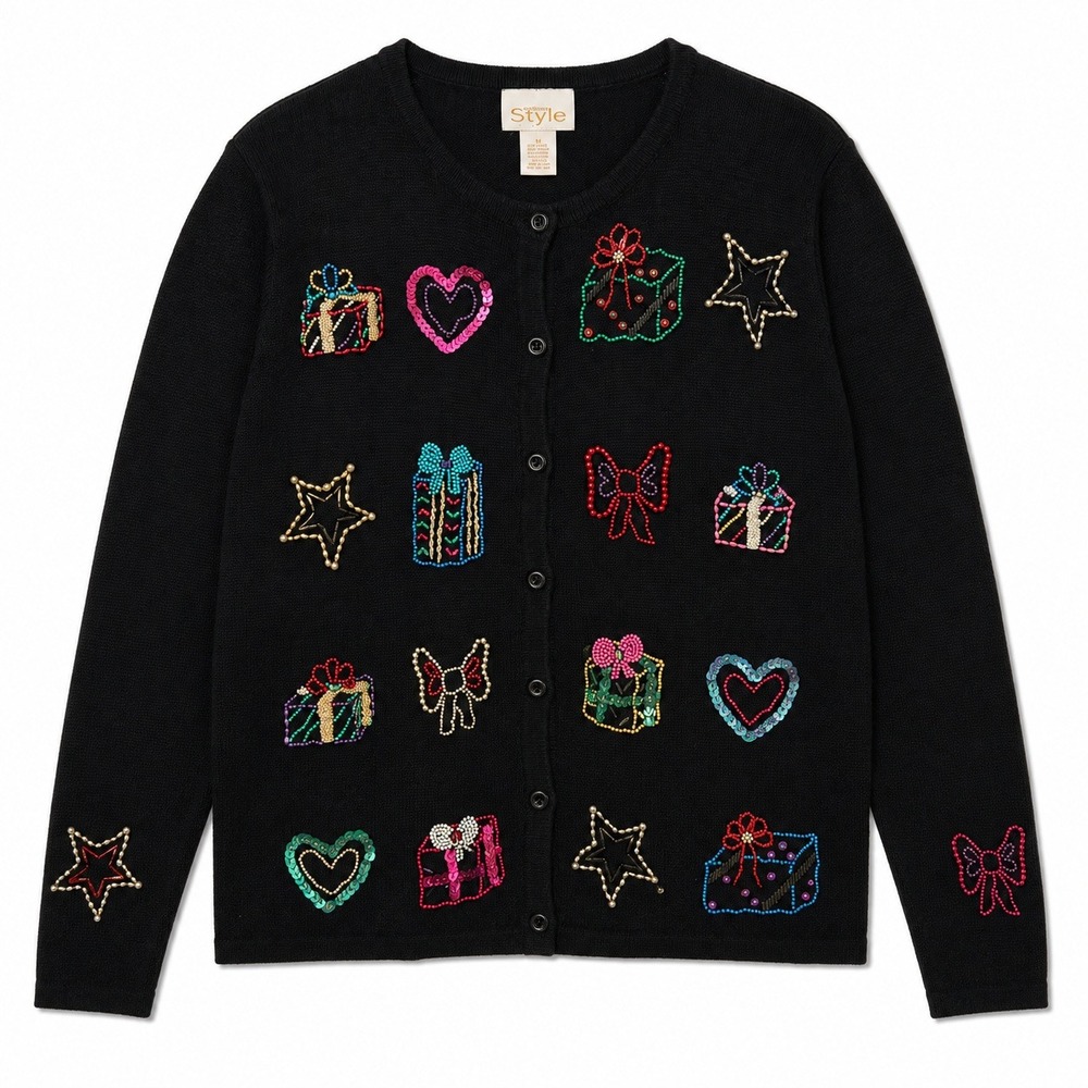 Black Beaded Sequin Holiday Cardigan Ugly Sweater Glam Kitshy Nostalgia Bows M